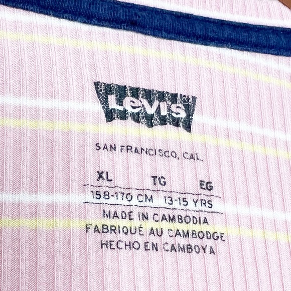 Levi's Pink White Yellow Stripe Ribbed Lettuce Trim T Shirt Top Juniors - Picture 15 of 16